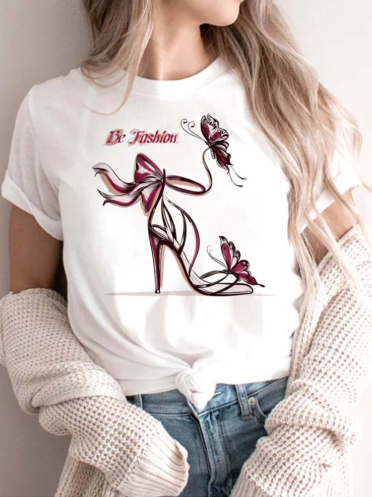 Maycaur New High Heel Wine Glasses Graphic Print T Shirt Women Funny Tshirts Casual White Short Sleeves Tops Tees Feamle Clothes