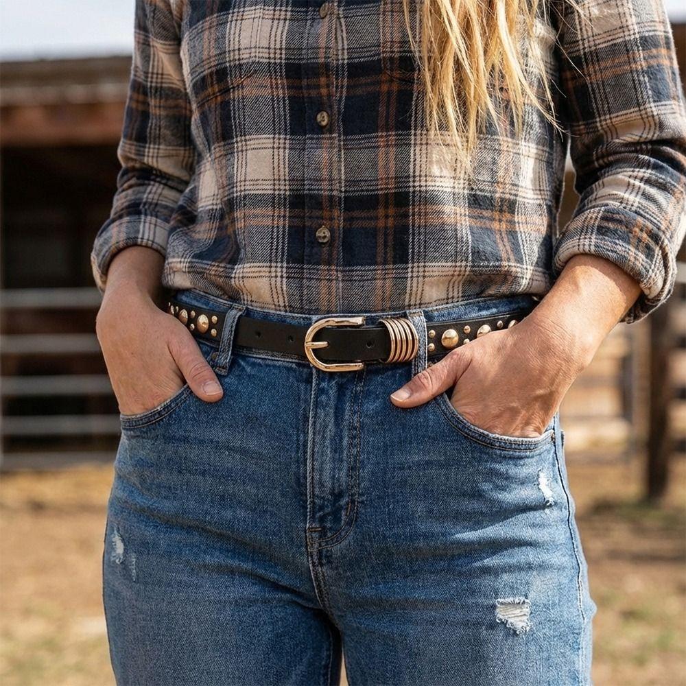 Metal Buckle Rivet Heavy Metal Belt Pu Leather Dress Waistband  Women's