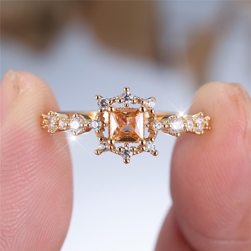 Princess Cut Champagne Zircon Engagement Rings for Women Vintage Gold Color Finger Ring Wedding Party Jewelry