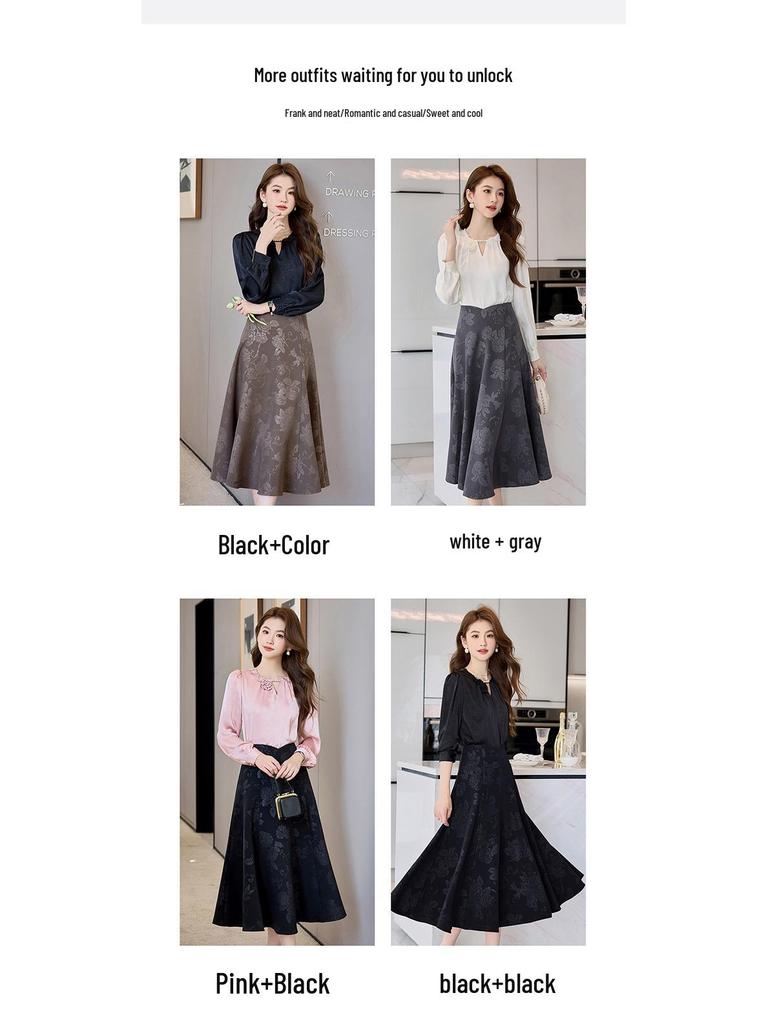 Spring 2025 Lace Butterfly Patchwork Two-Piece Set: Long Sleeve Shirt & Midi Skirt