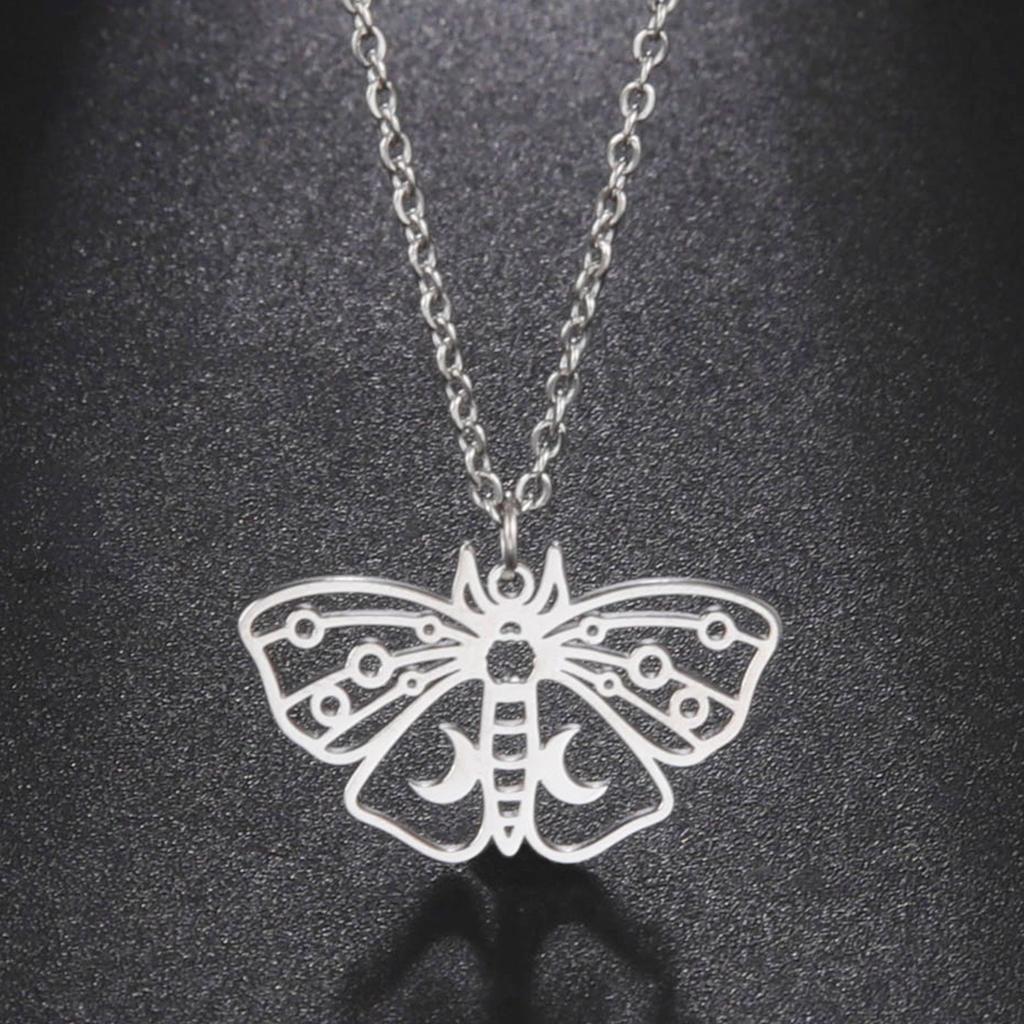 Vintage Moon Phase Luna Death Moth Pendant Necklaces for Women Stainless Steel Personality Gothic Butterfly Jewelry Gifts