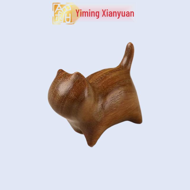 Elegant Cat Figurine: Green & Purple Sandalwood DIY Craft for a Cute Desktop Ornament