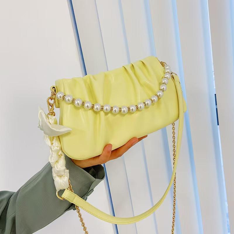 Fashion Foreign Style Cloud Bag Pearl Underarm Bag Pleated Bag Women'S Chain Clutch Bag Oblique Span Shoulder Bag