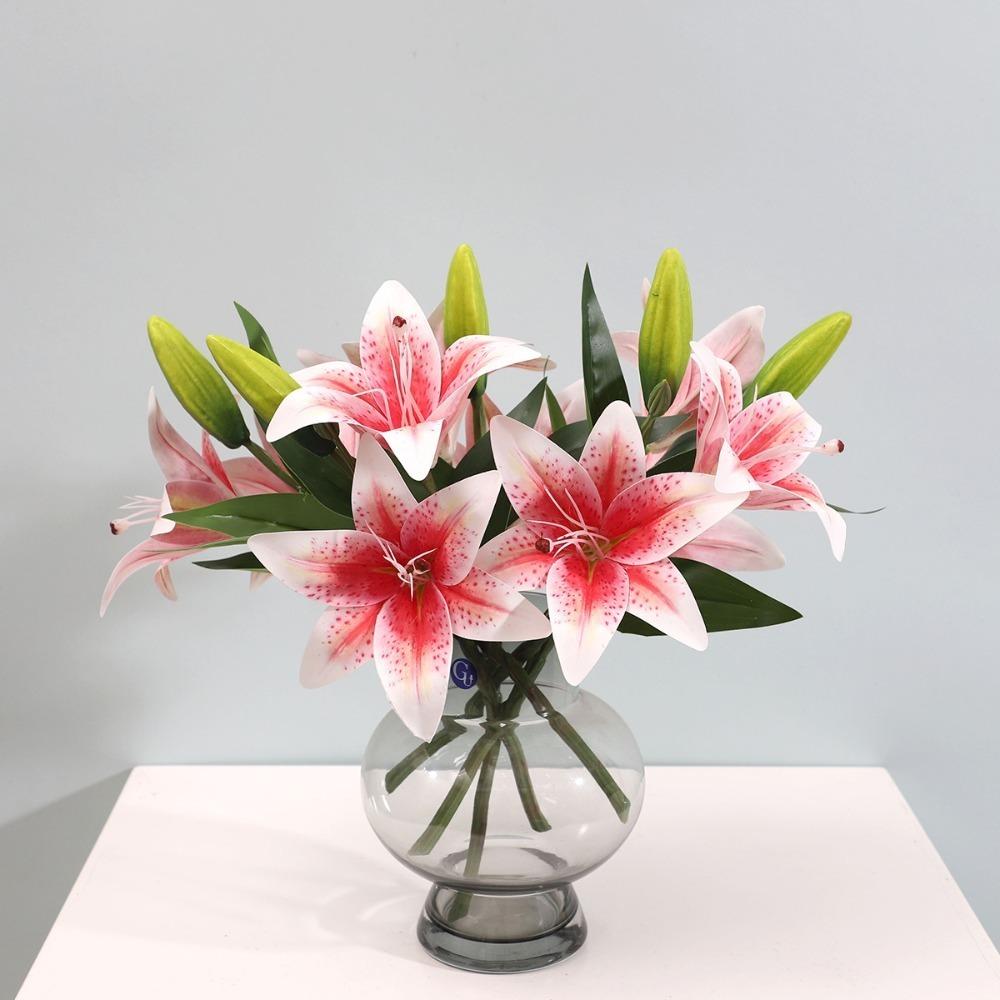 2 Heads Film Lily Artificial Flowers Fake Floral for Home Wedding Table Decor Ornament