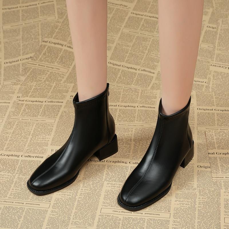 Coarse Heel Fleece Short Boots Women's Spring and Autumn Single Boots French Skinny Boots Martin Pointed Boots Women's Boots