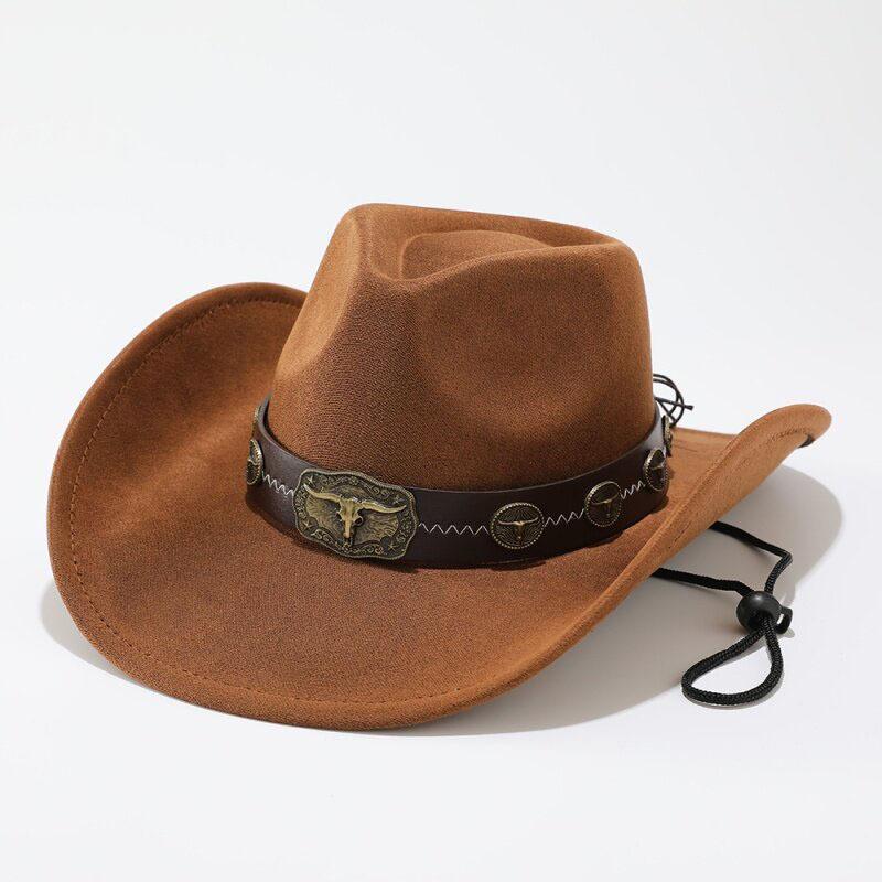 Retro Bull Head Western Cowboy Hat Men and Women, Tibetan Suede Jazz Hat, Hot-selling Curved Top Hat