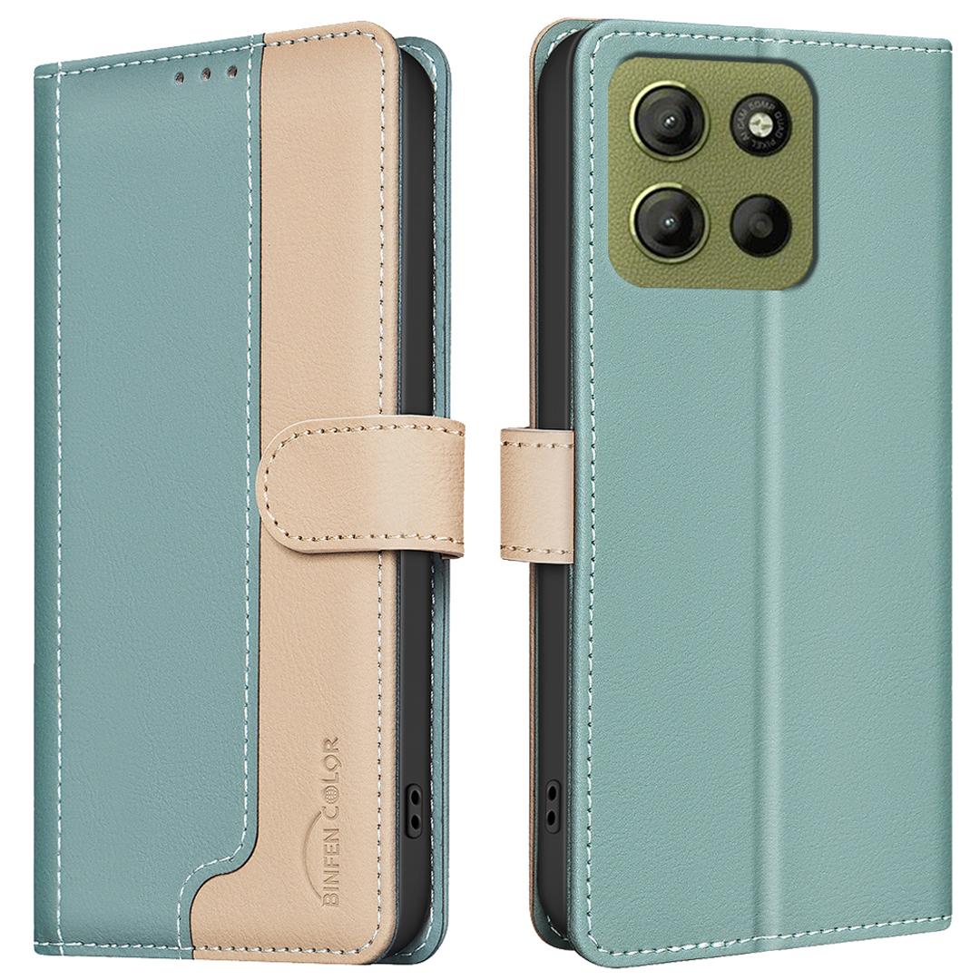 BINFEN COLOR BF33 для Motorola Moto G15 4G Кожаный чехол Сшивание цветов Блокировка RFID Green