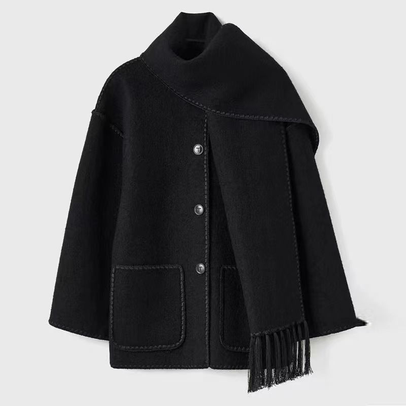 

European and American New Women s Clothes Fashion Pocket Woolen Scarf Loose Casual Jacket Loose Scarf Top Coat Black S