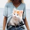 Sommer Damen V-Ausschnitt T-Shirt Niedliche Katze Orangescheiben Aufdruck Lässig Locker Kurzarm Top