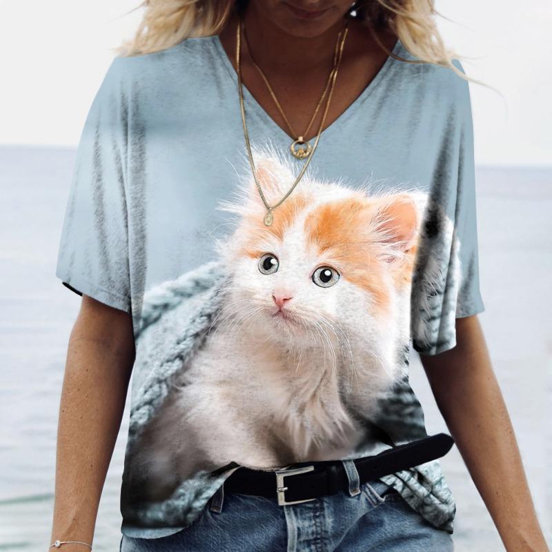 Sommer Damen V-Ausschnitt T-Shirt Niedliche Katze Orangescheiben Aufdruck Lässig Locker Kurzarm Top
