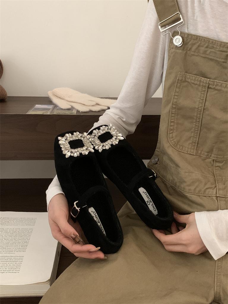 Women's Temperament Mary Jane Shoes Women's Velvet French Evening Breeze Square Head Rhinestone Woolen Shoes Women's Winter Flat Shoes