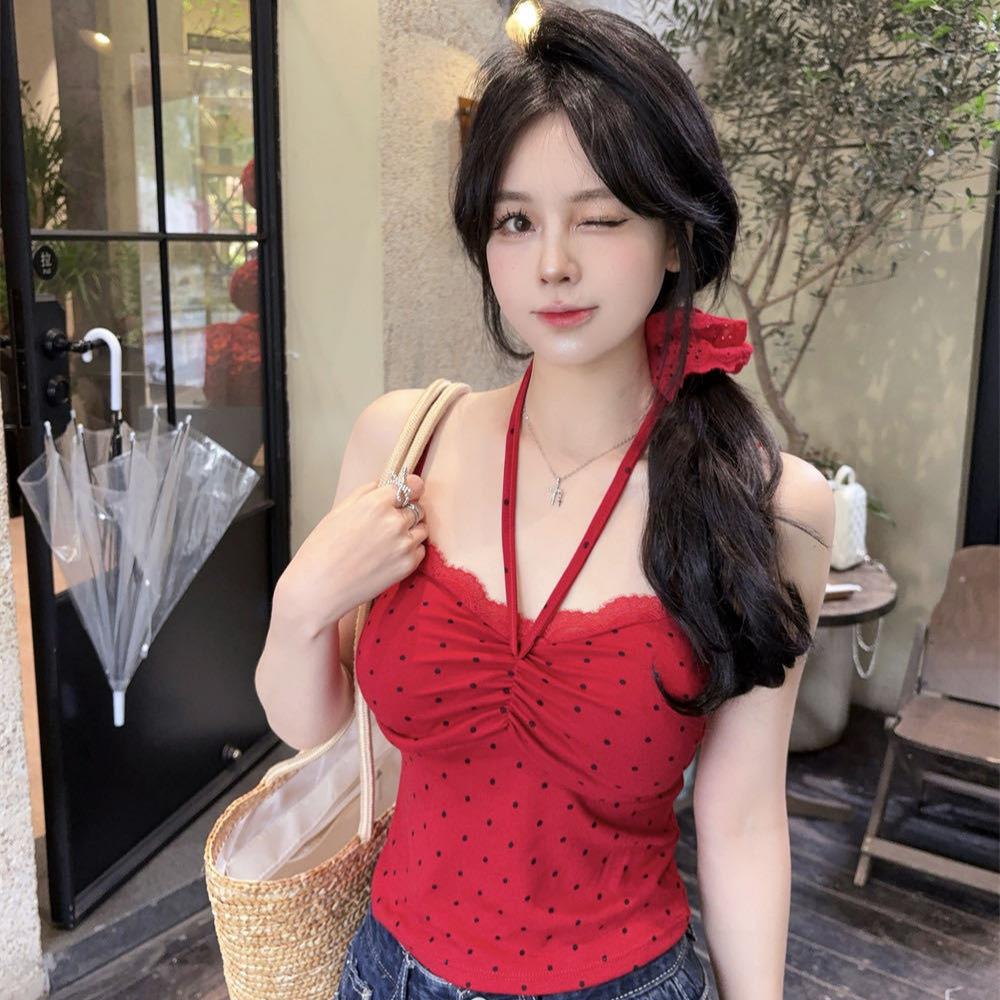 #Summer new sweet wind polka dot lace splicing sling vest, slim fixed with chest pad top