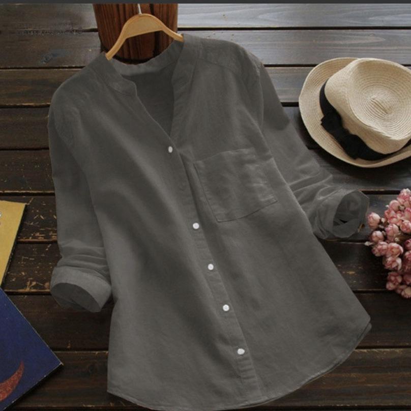 Women's Blouse Cotton and Linen Solid Color Long-sleeved Large Size Casual Loose Pocket Shirt