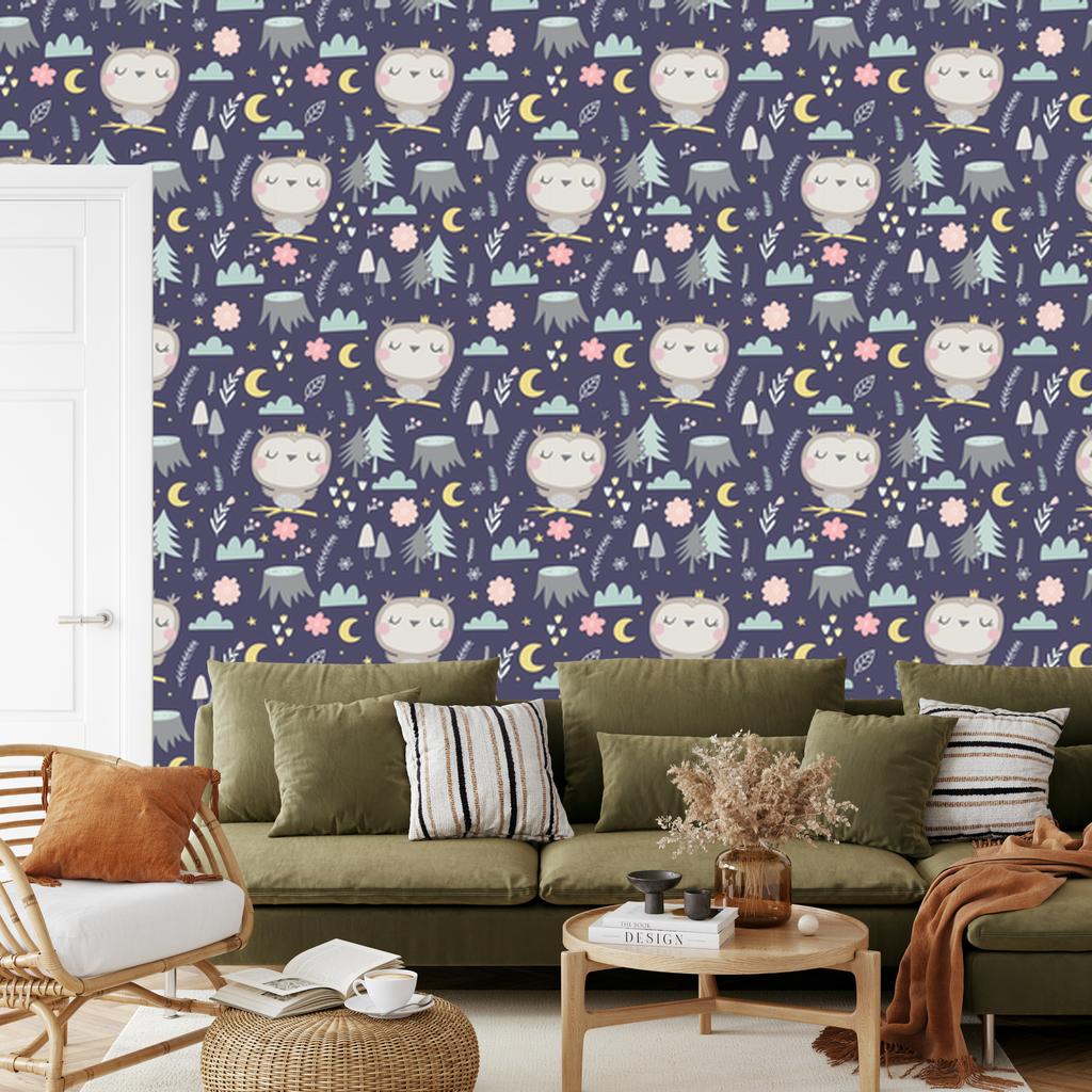 Owls Clouds Moons Wallpaper for Living Room and Bedroom 50x1000