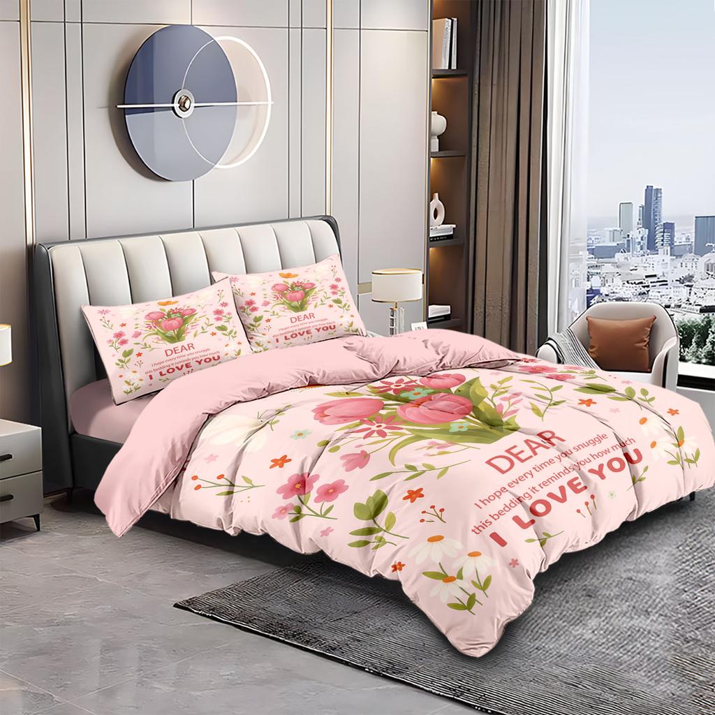 3pc Pink Carnation Floral Print Coreless Duvet Set Multiple SizesSoft Bedroom Living Room Holiday Decoration Machine Washable