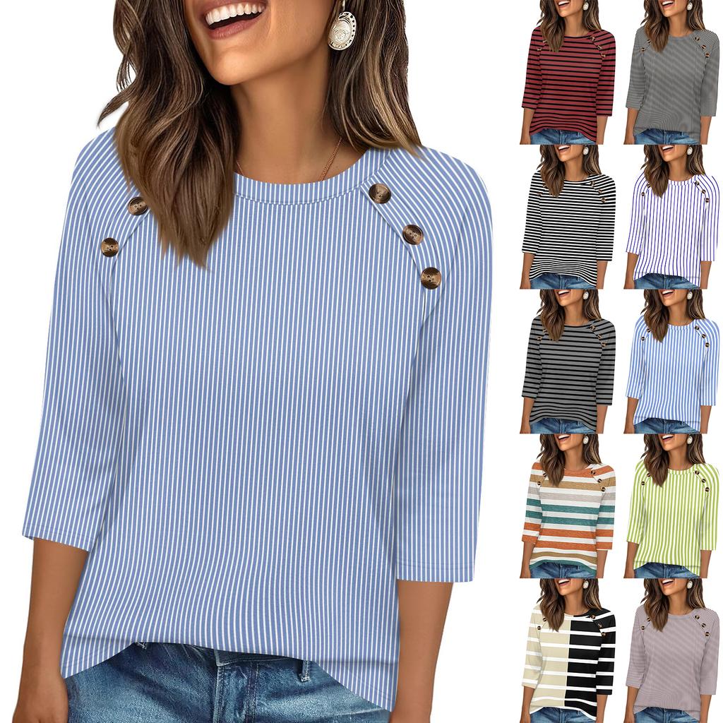 Damen T-Shirt mit 3/4 Ärmeln, Rundhalsausschnitt, Knöpfen, Lässiger Streifenprint, Lockerer Pullover für den täglichen Gebrauch, Büro, Schule, Reisen