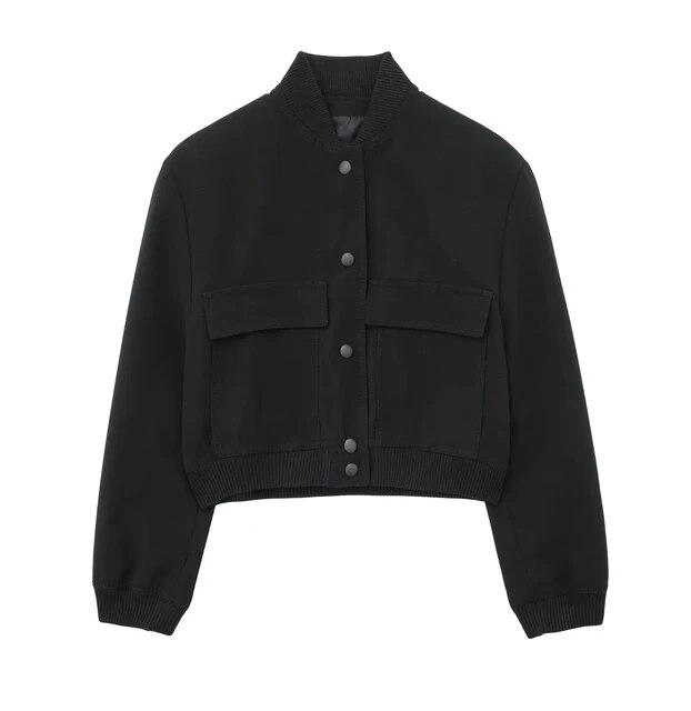 Giacca Bomber Vintage Solida a Maniche Lunghe Primavera Donna Cappotti Casual Streetwear Femminile Elegante Risvolto Cerniera Jakcet