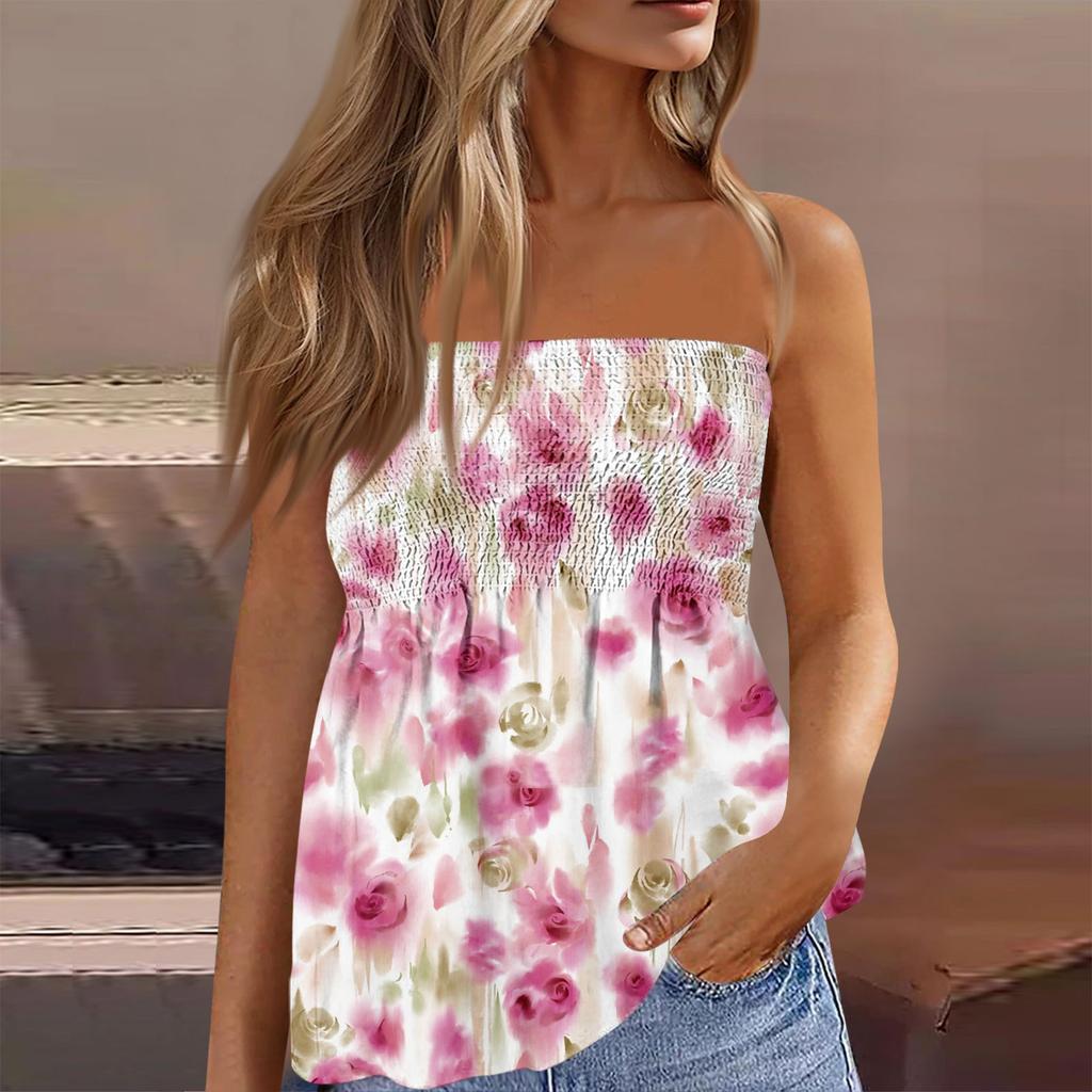 Damskie Topy Eleganckie Casualowe Bluzki Bez Rękawów Top Tube Dla Kobiet, Uroczy Seksowny T-shirt Bez Rękawów z Nadrukiem Odkrywający Ramiona