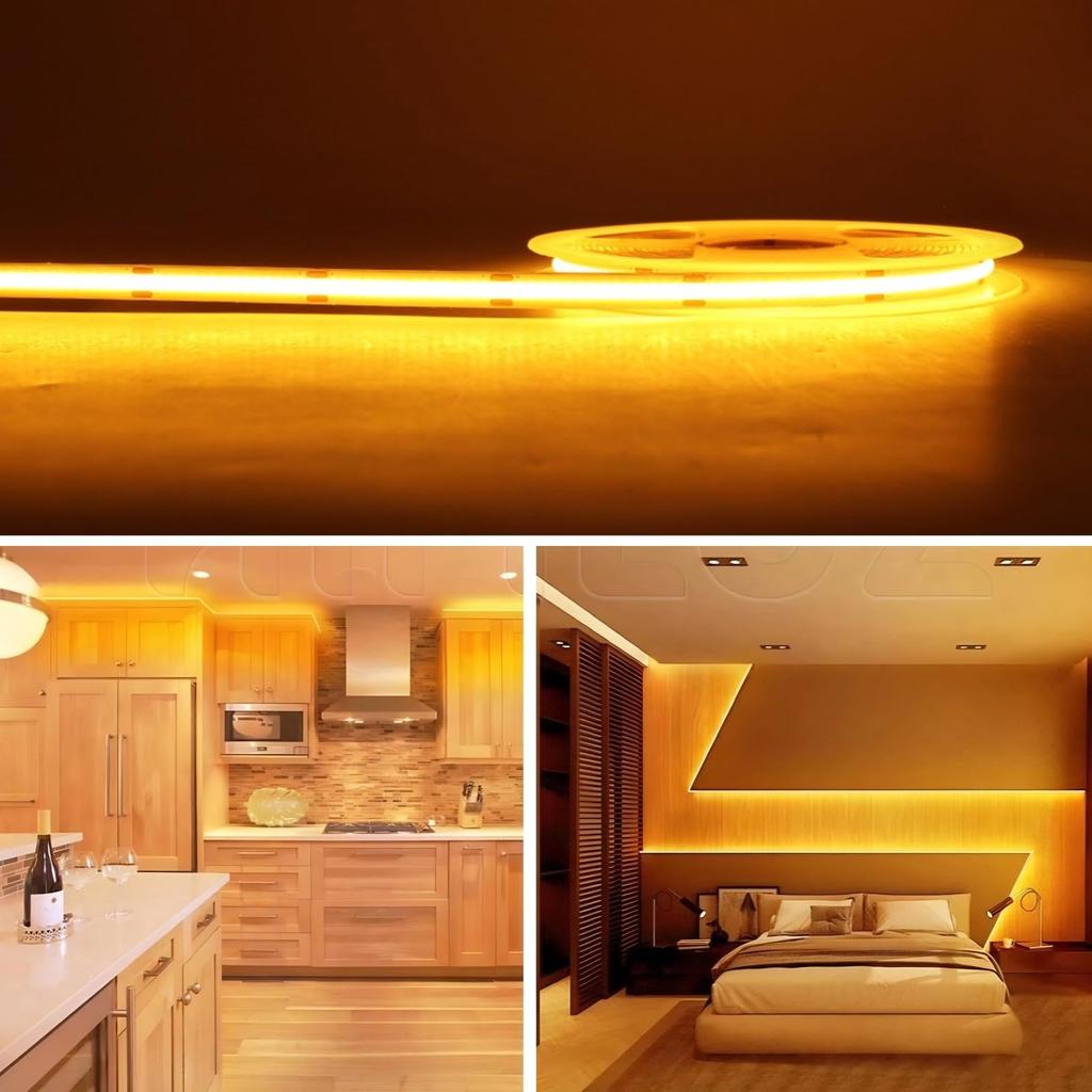 24V DC COB LED Strip Light, 5m, Golden White, 480 LEDsm, Ultra-Narrow 8mm Width, High Brightness, High Color Rendering Index (CRI) 95, Dotless