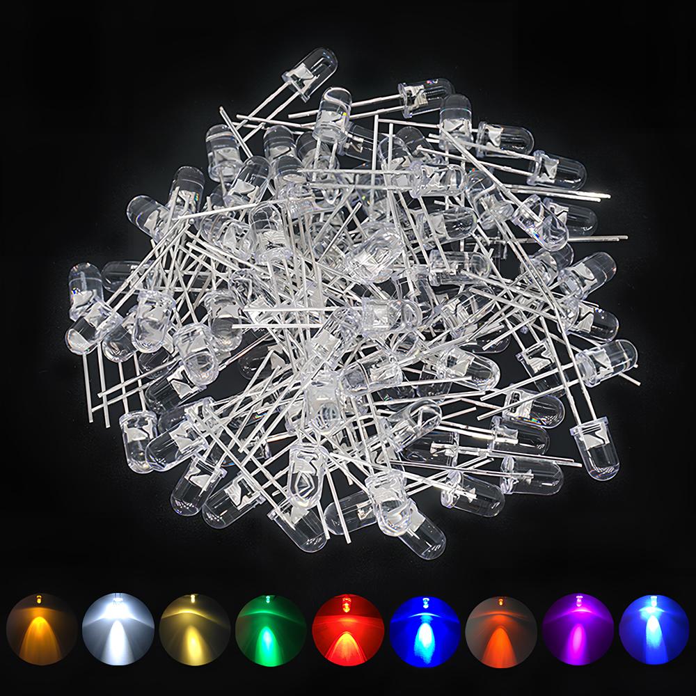 100 Stück 5mm Transparent Weiß Rot Grün Blau Rosa Rundkopf Helle Leuchtdiode LED 20000mcd 6000-6500k Licht