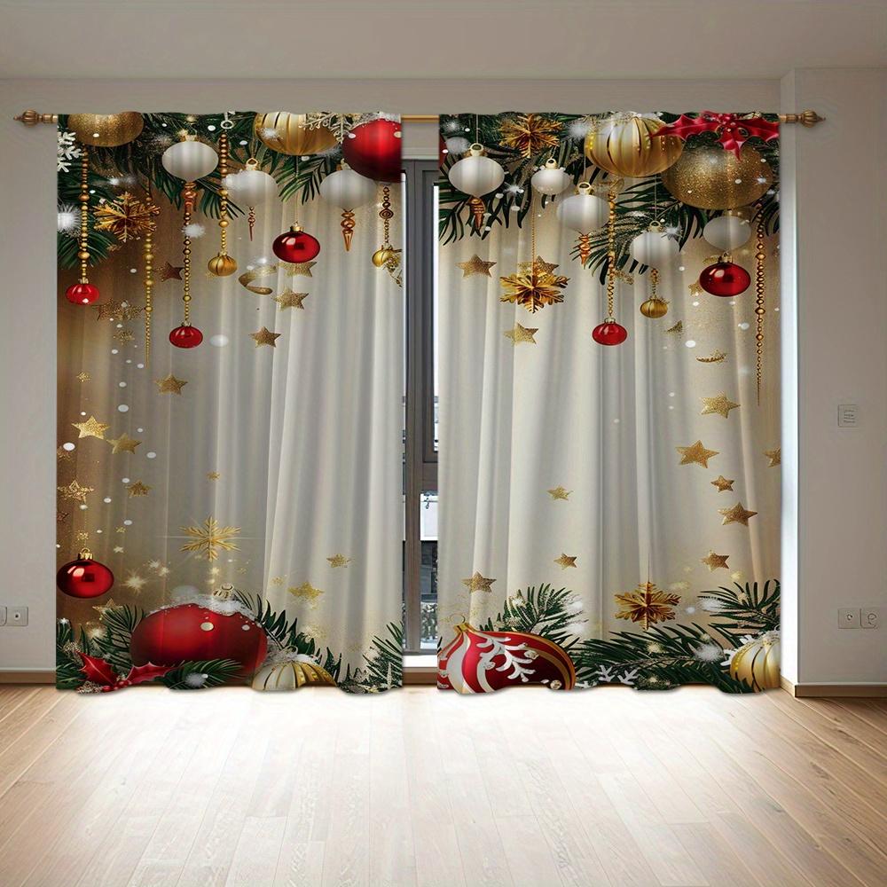 2 stuks Rode Kerst Bedrukte Semi-Verduisterende Gordijnen met Groene Takken en Gouden Ballen Drapes voor Woonkamer Slaapkamer