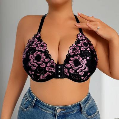 Plus Size Floral Lace Front Closure Halter Wireless Bra
