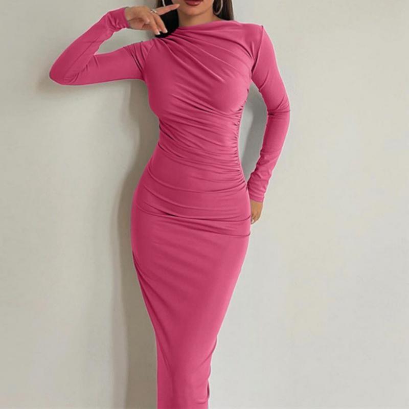 New Women's Round Neck Long Sleeved Bodycon Dresses Tight Casual Solid Color Wrap Long Dress Clothing