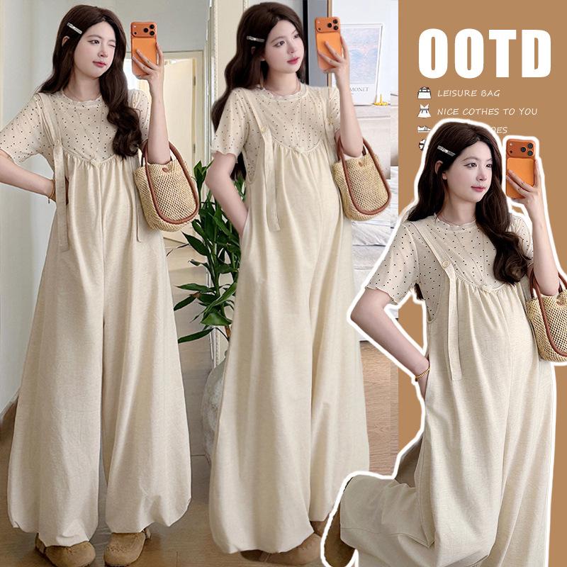 Spring/Summer 2026 Korean Style Maternity Cotton Linen Overalls & Polka Dot T-Shirt Set M