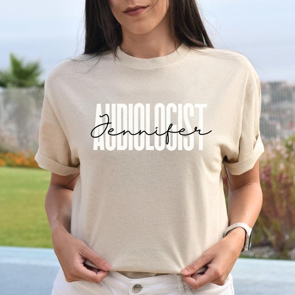 Personalized Audiologist Unisex T-shirt Custom Name Audiology Sand Blue Pink