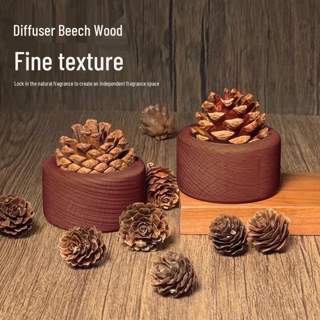 Beech Wood Pine Cone Aroma Diffuser - Flameless Aromatherapy Ornament for Home, Desktop, and Car.