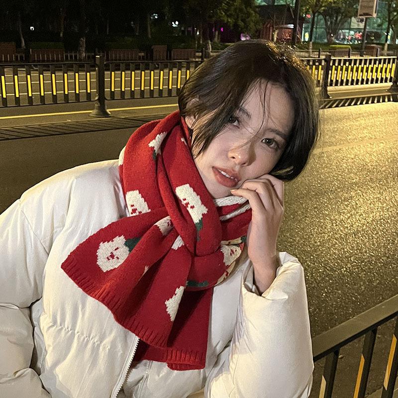 Red Christmas Scarf Women'S Winter Warm Couple High-End Knitted Wool Neck Scarf New Year Gift