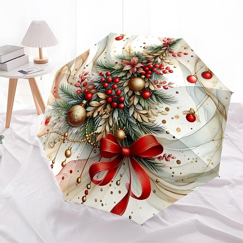 1pc Elegant Christmas Tree Design Automatic Folding Umbrella, Portable 3-Fold Design with Golden Berries, Red Ribbons, and Festive Flowers, Perfect Gi