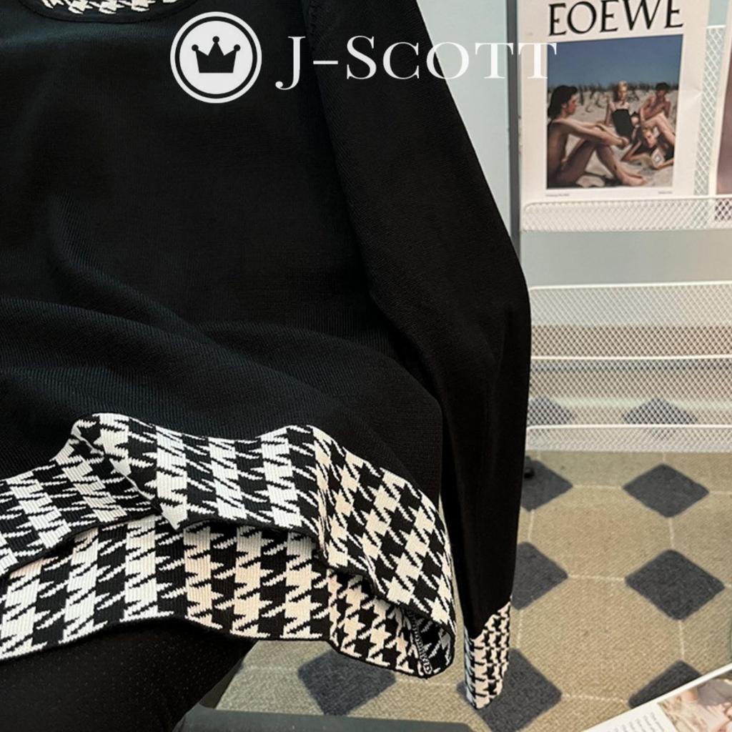 J-Scott Knit Top, Houndstooth Pattern, Mock Neck, Slim Fit, Monochrome, 1/4 Sleeves, Simple Black, JS104-BK-M (Limited Stock)
