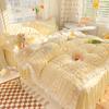 Kawaii Princess Seersucker Bedding Set For Girls Washed Cotton Korean Style Luxury Ruffle Lace Quilt Cover Queen Size Bed Skirt