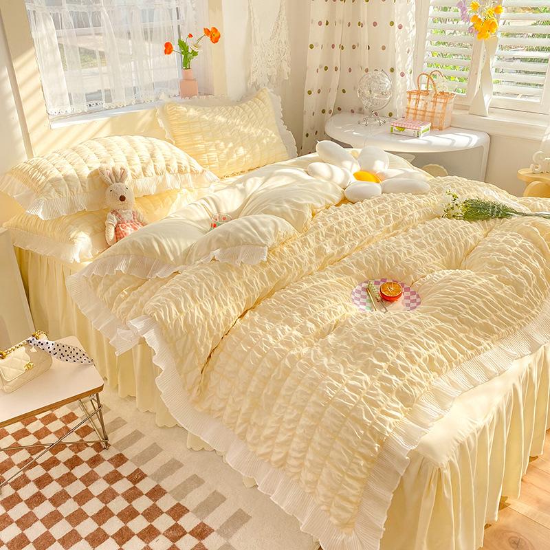 Kawaii Princess Seersucker Bedding Set For Girls Washed Cotton Korean Style Luxury Ruffle Lace Quilt Cover Queen Size Bed Skirt