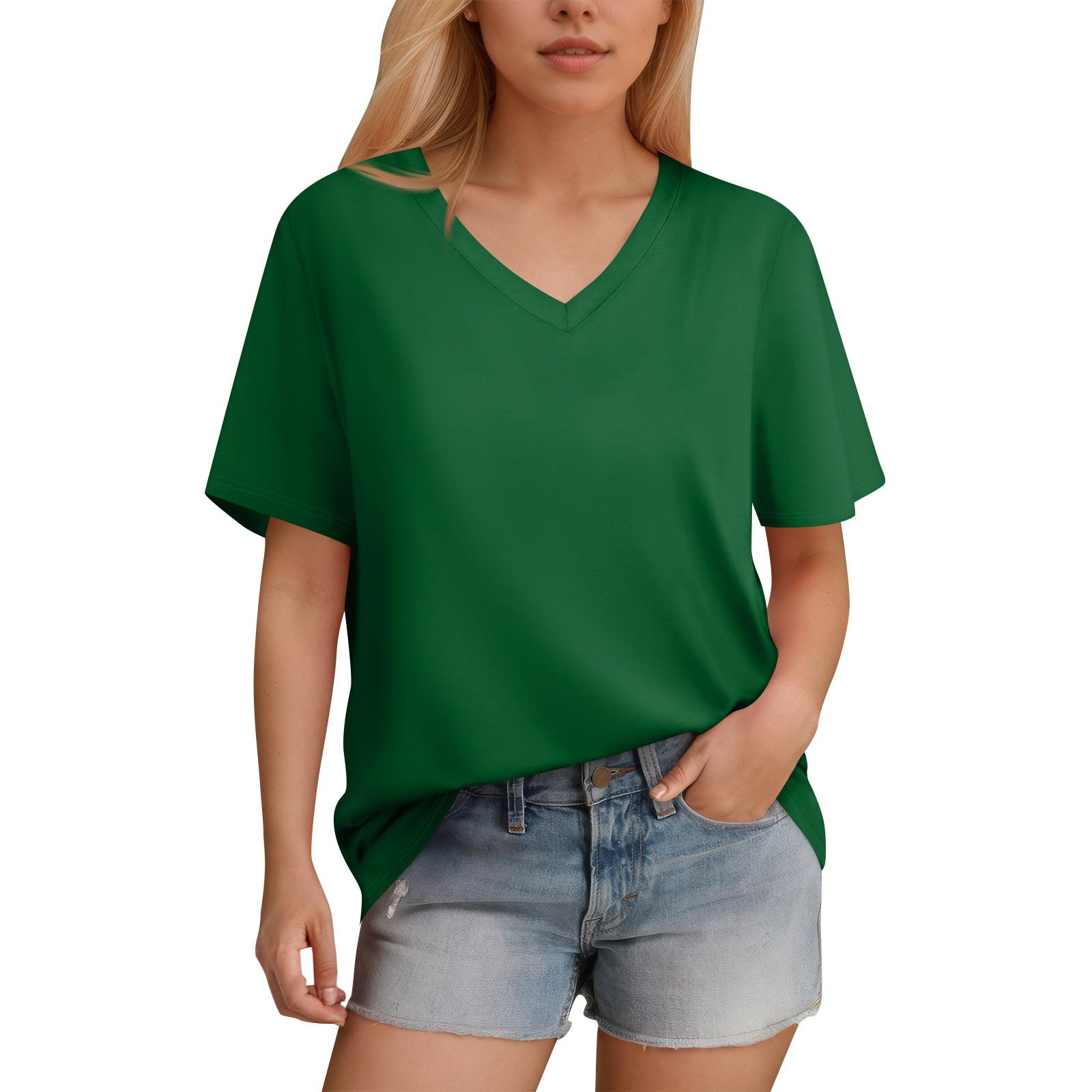 Women s T-Shirt V Neck Short Sleeve Color Casual Loose T-Shirt Top XXL
