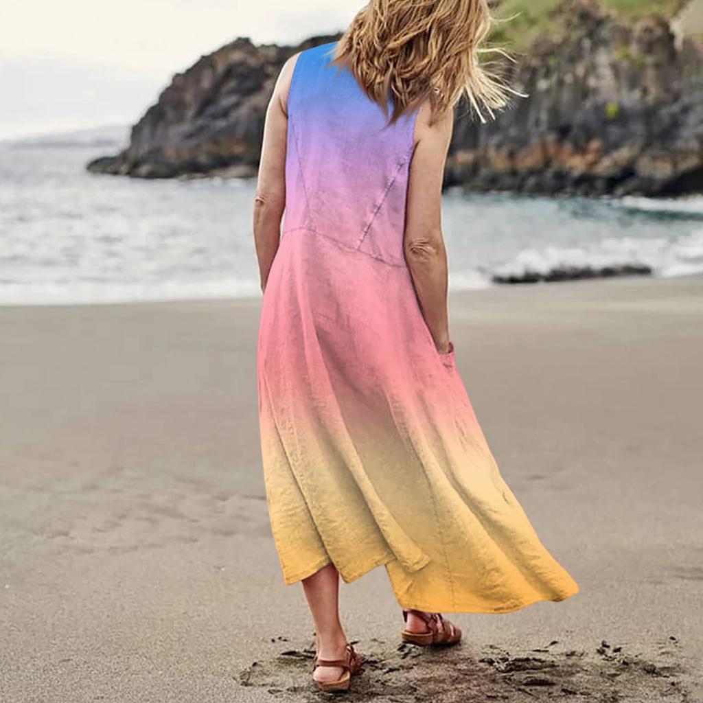 Women's Summer Casual Fashion Flower Printed Sleeveless  Pocket Dress