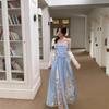 Blue Plaid Lace Suspender Dress Women's Summer Dopamine Bright Wear Seaside Vacation Beach Sunset Dress