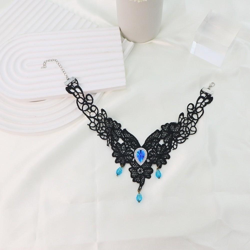 Tassel Lace Flower Necklace Rhinestone Halloween Clavicle Choker Vintage Halloween Necklace  Women