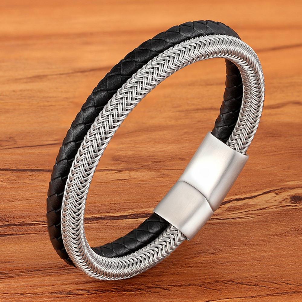 Classic Style Leather with Stainless Steel Stitching Combination Men's Bracelet Black/Steel Buckle Party Accessories Gift