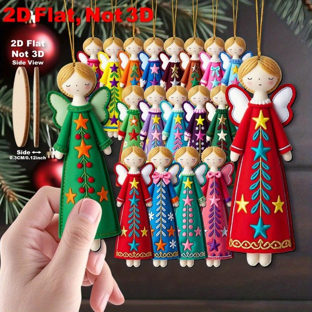 16Pcs Colorful Angel Ornaments - 4.7inch Artificial Wooden Flat 2D Angel Hanging Decorations, with Star and Floral Patterns, Bright Pink,