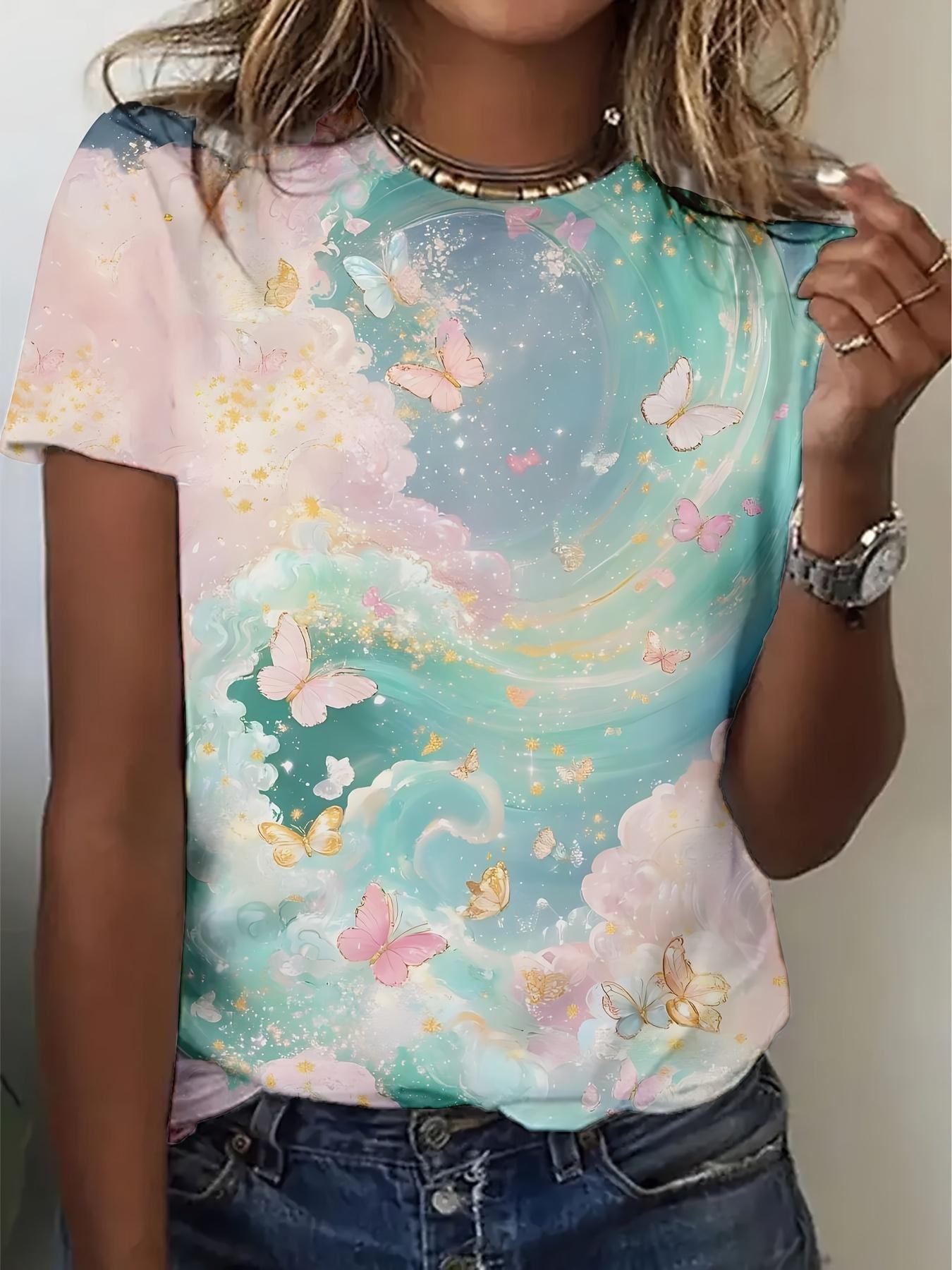 

Pink and blue gradient with clouds and butterflies. women s casual round neck XXS