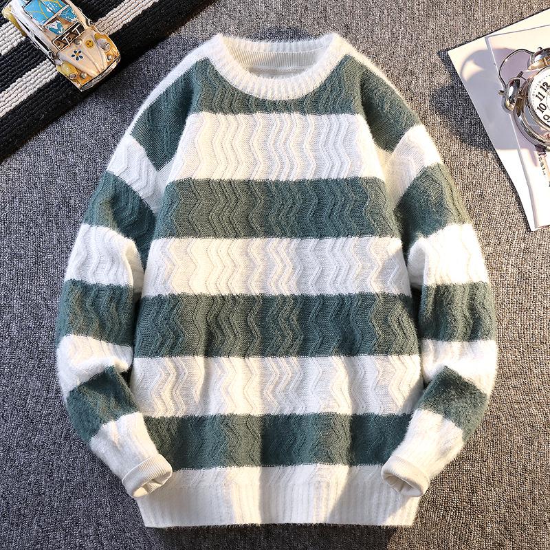2025 Autumn/Winter Men's Korean Style Color Block Striped Loose Knit Sweater