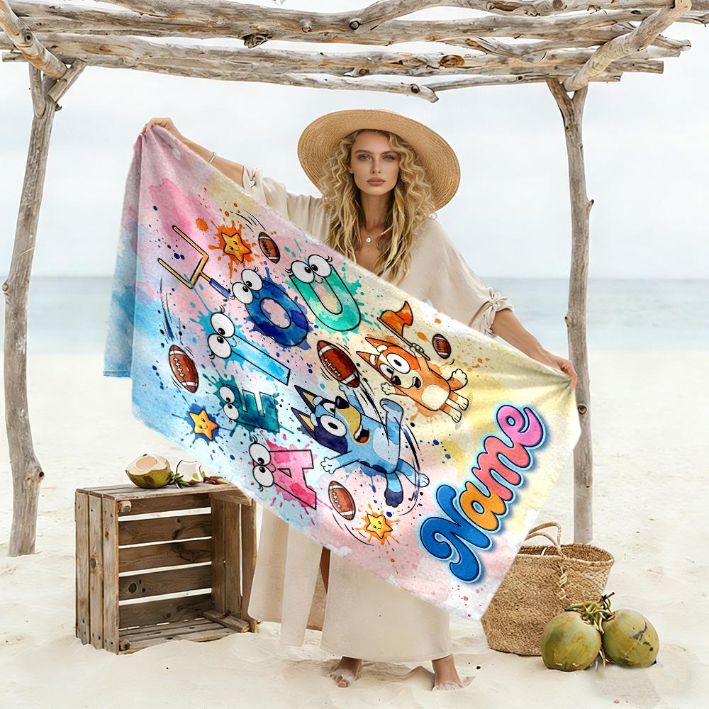 Bluey Soccer Adventure Customize Your Name Beach Towel Super Soft & Absorbent Perfect for Traveling Yoga Camping and Swimming