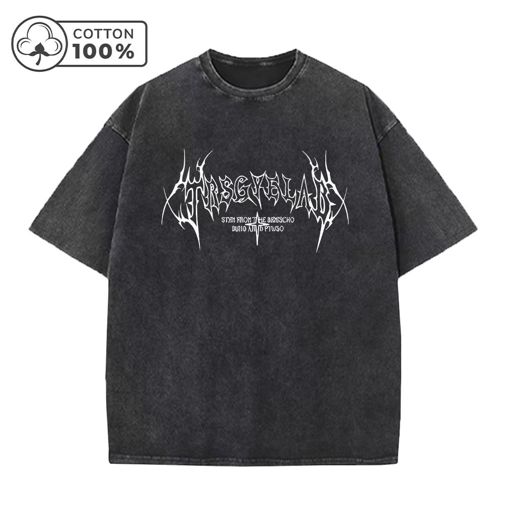 Maglietta da Uomo Retro Usurata Lavata Puro Cotone Vestibilità Larga Casual Manica Corta Stampa Testo Gotico Scuro Top Stylish da Pendolare