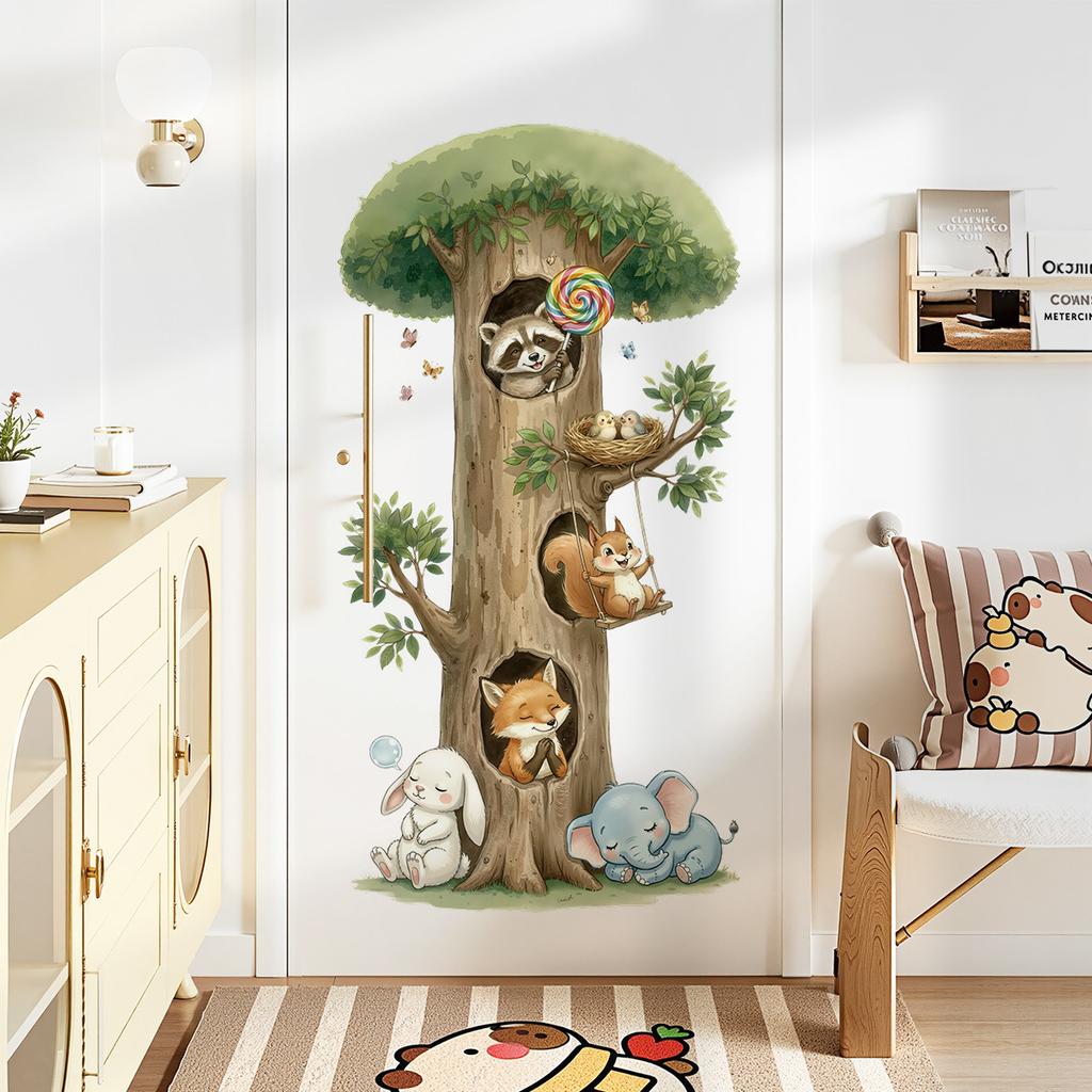 Cute Cartoon Tree Animals Wall Sticker Raccoon Squirrel Bunny Elephant Peel Stick Decal for Kids Bedroom Nursery Playroom Decor