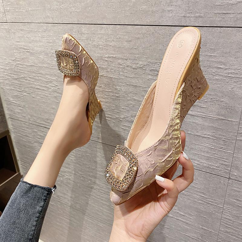 

Модные женские туфли со стразами и пряжкой на высоком каблуке с острым носком из флуоресцентного шелка на танкетке, женские летние туфли с кристаллами, женские босоножки 5 жёлтый