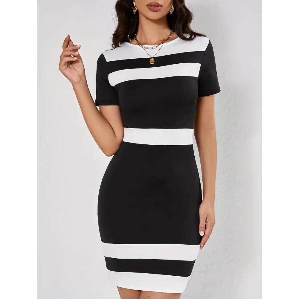 Women's Round Neck Short Sleeve Color Block Striped Bodycon Mini Dress Elegant Office Casual Party Pencil Dress