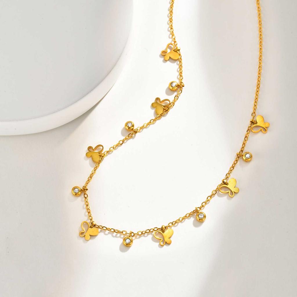 Stainless Steel Hollow Butterfly Zircon Necklace for Women,Gold Color Flat Rolo Chain Necklaces,Fashion Daily Party Jewelry Gift