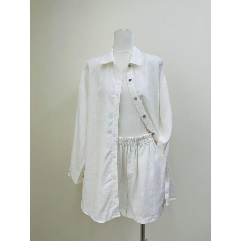 

Summer New Light Breathing Feeling French style Holiday White Linen Shirts Set Skin-friendly Two-piece Set White (one set) XL